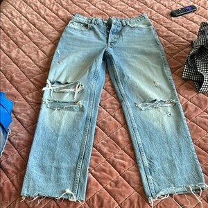 Zara Blue Straight Leg Jeans with Vintage Distressing